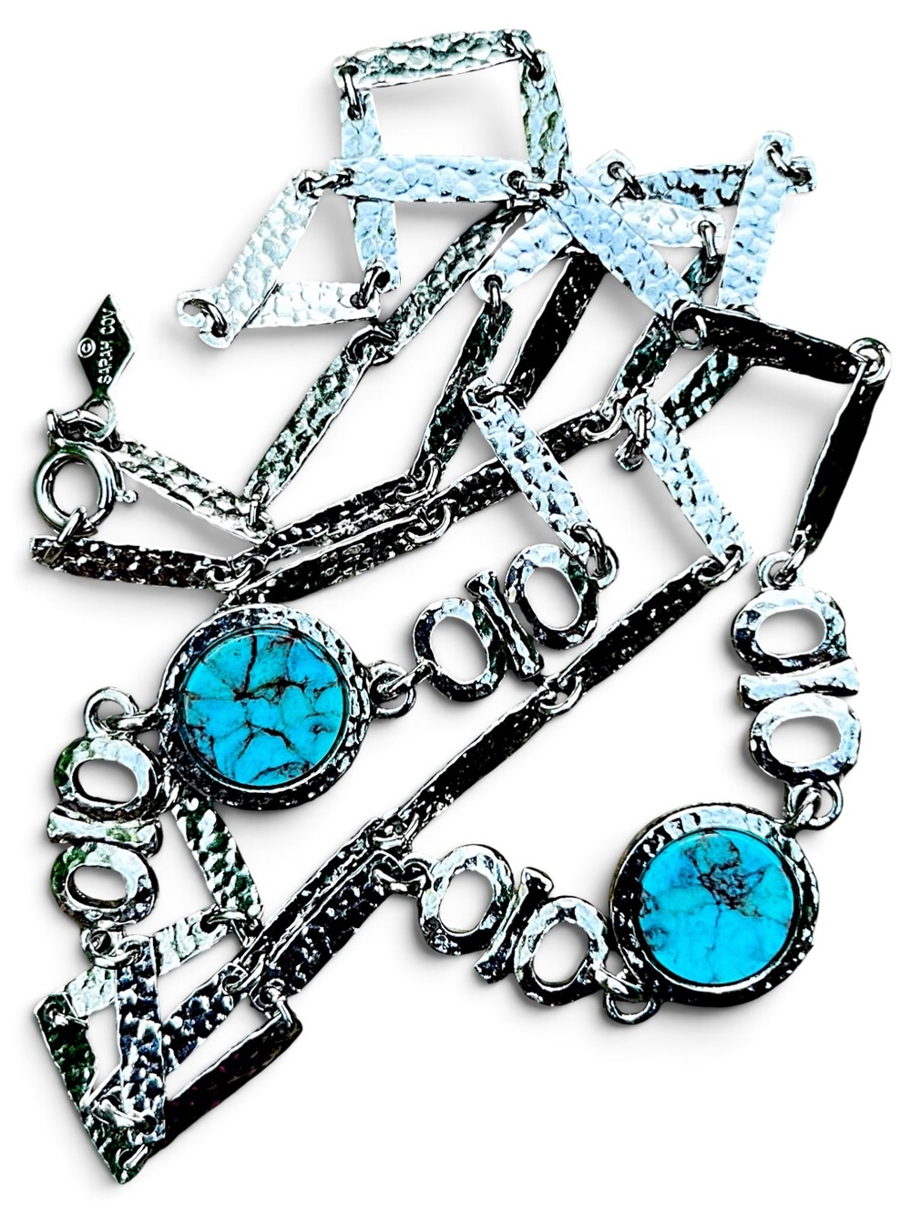 Vintage 1977 Sarah Coventry Silvery Moon Turquoise Station Necklace 30”